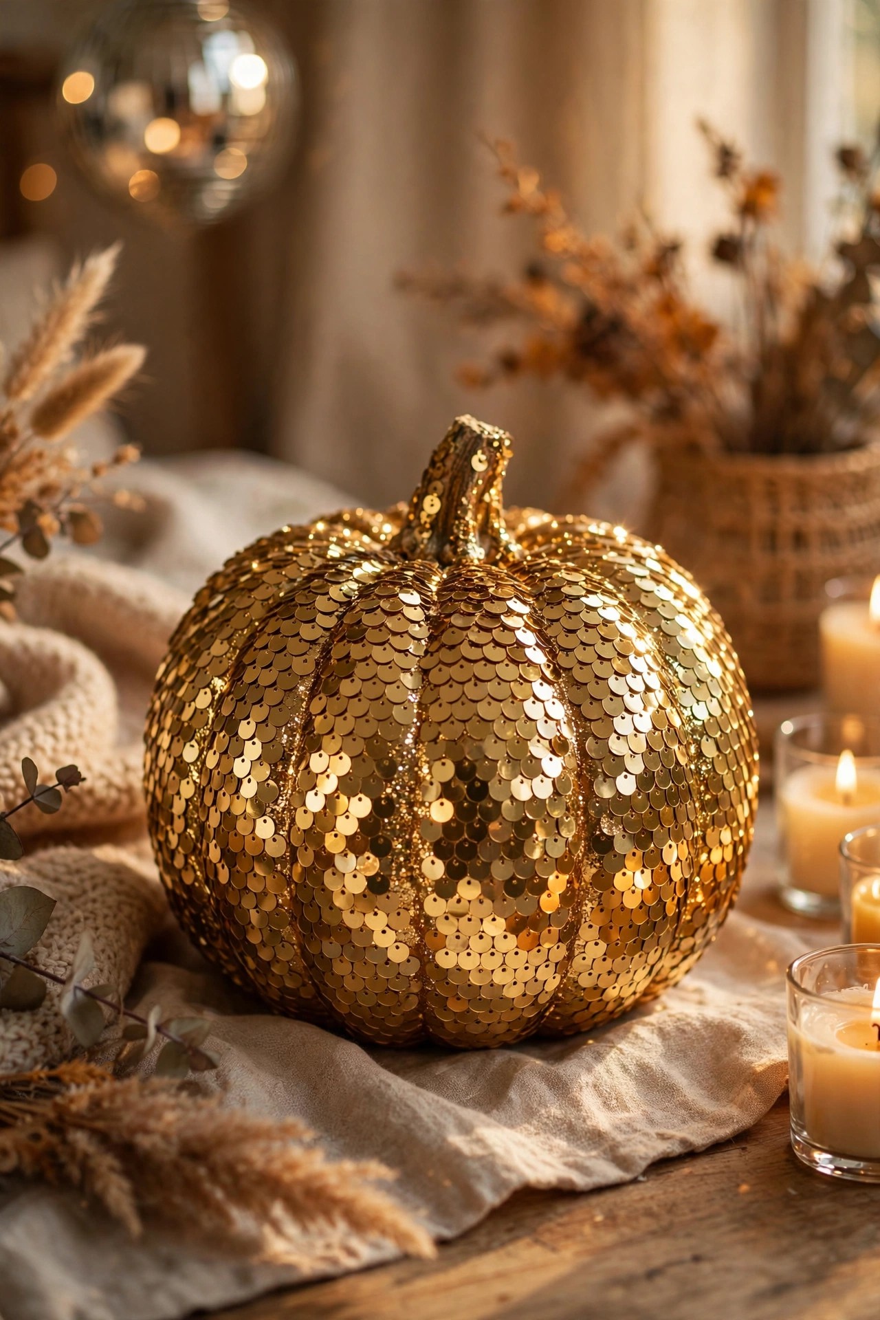 Pumpkin covered in gold sequins for glamorous no-carve Halloween decor