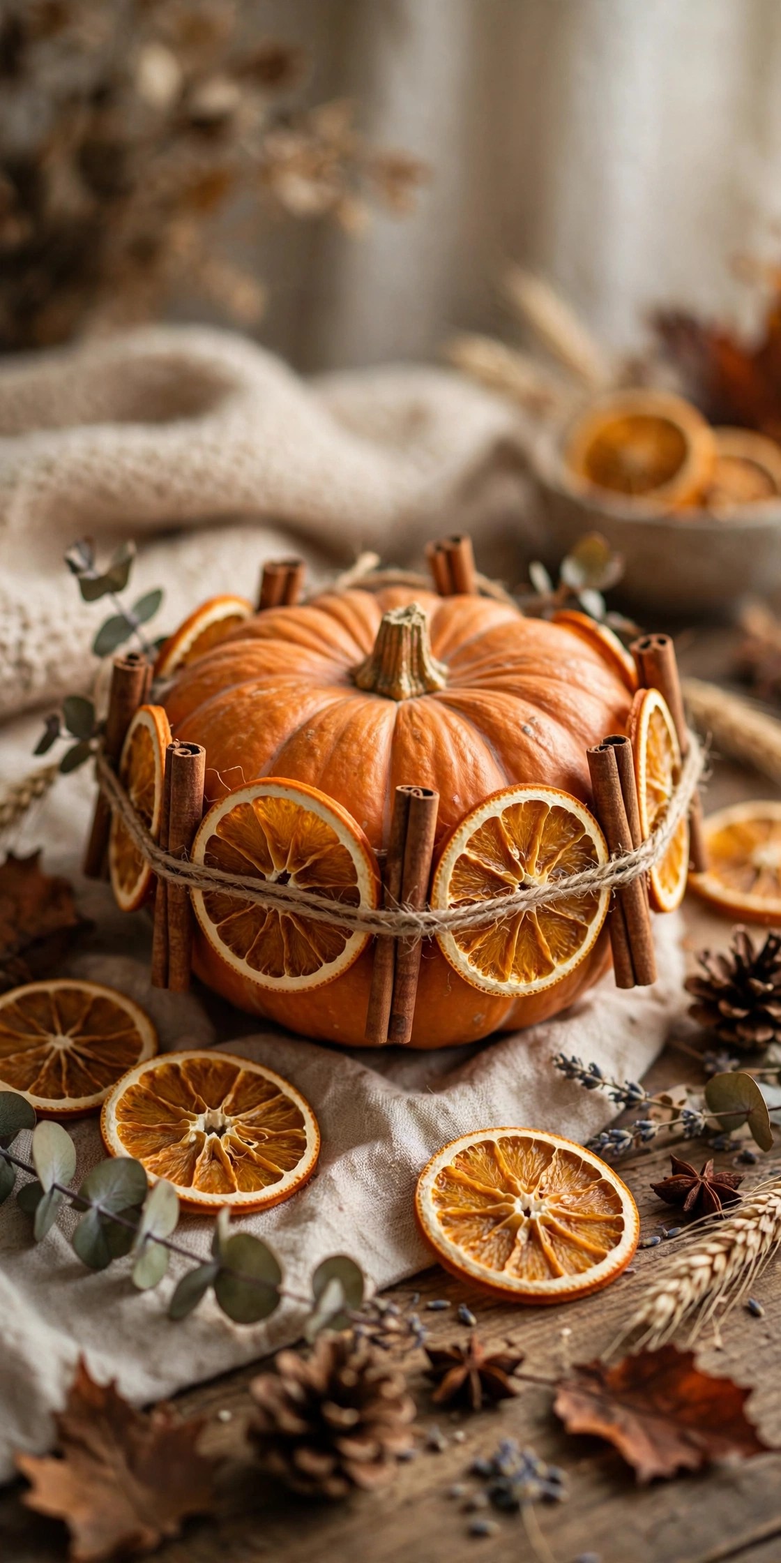 Pumpkin decorated with dried orange slices and cinnamon sticks no-carve fall craft