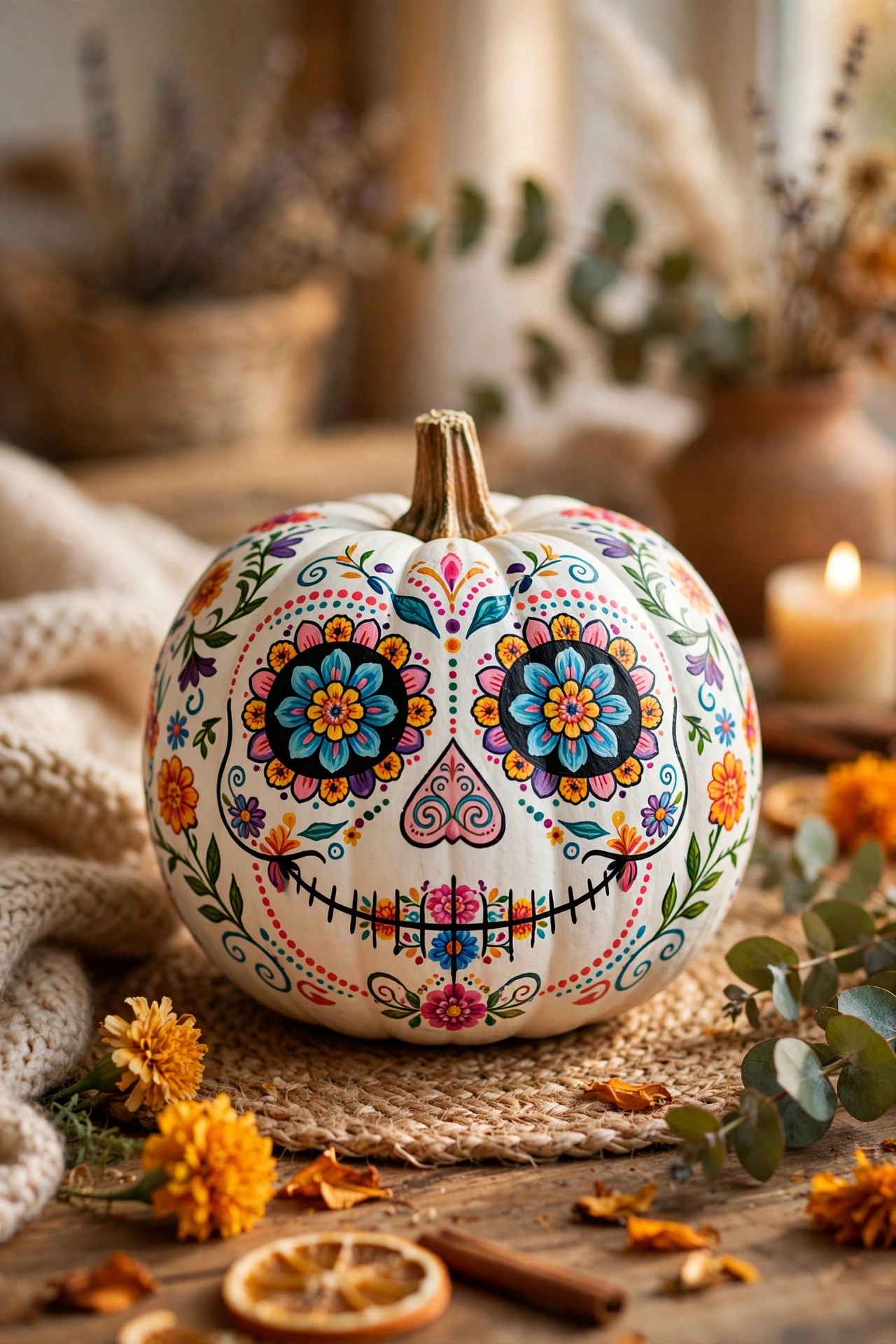 White pumpkin painted as colorful sugar skull calavera for no-carve Halloween