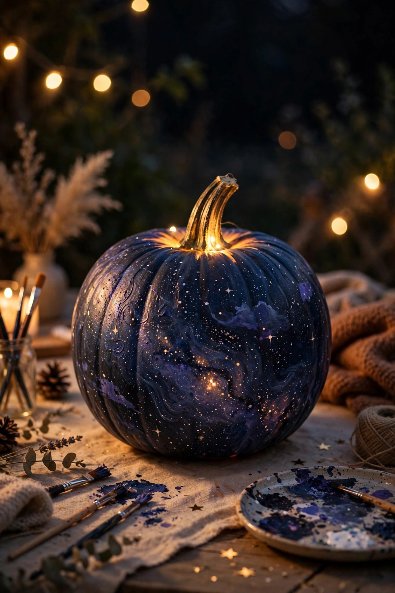Pumpkin painted as glow in the dark galaxy for no-carve Halloween night decor