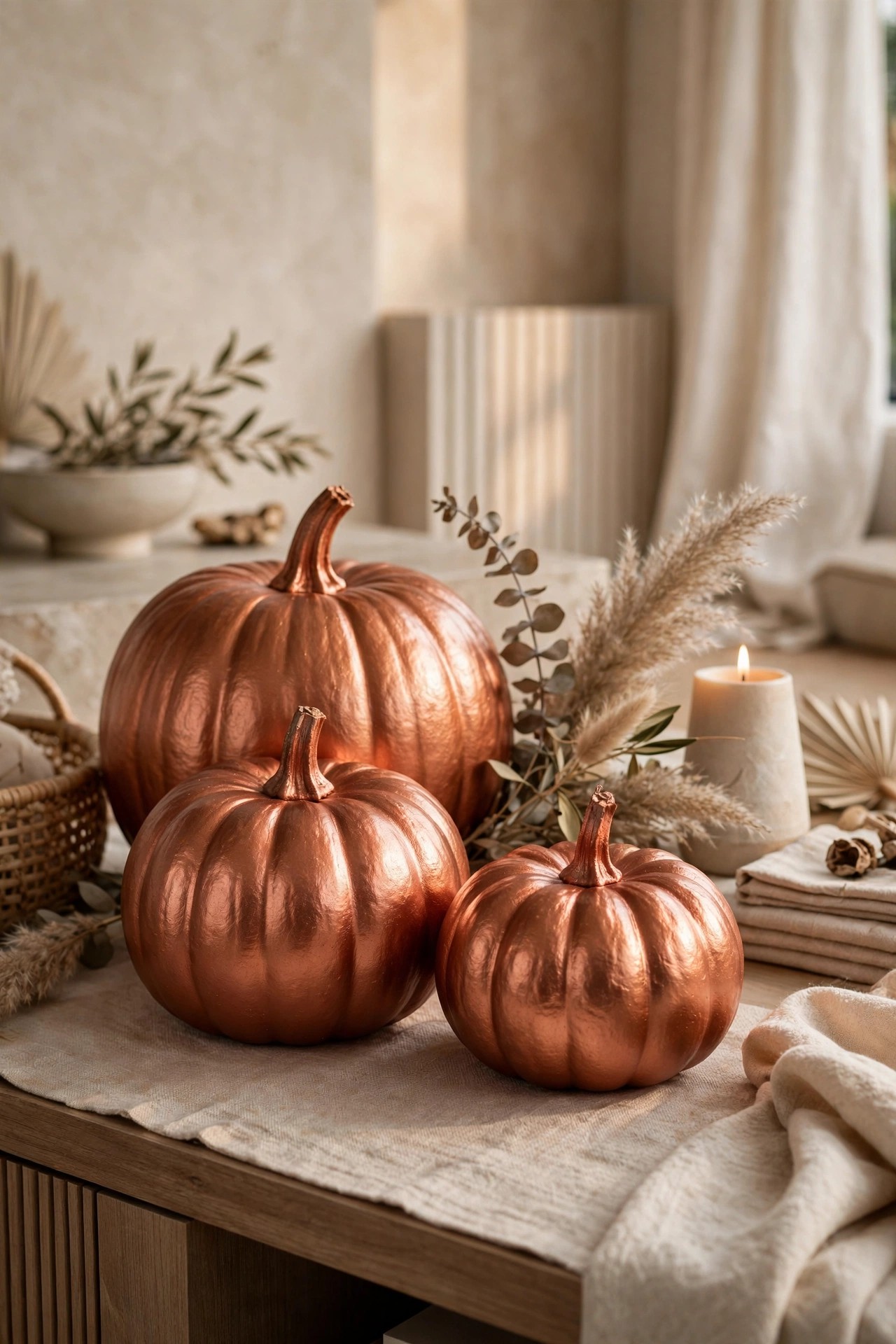 Pumpkins spray painted in copper metallic for modern no-carve Halloween decor