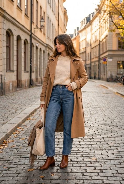 Woman over 50 in camel wool coat, cream turtleneck, jeans and brown boots — November outfit idea