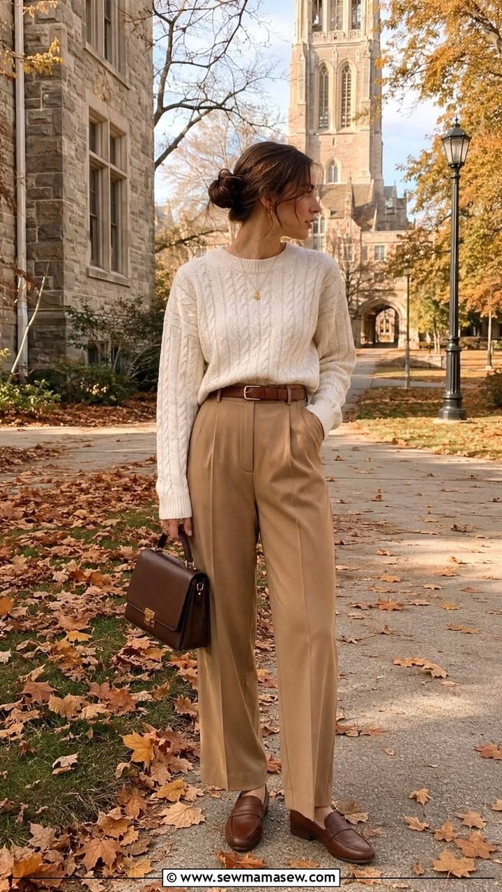 Chocolate wide-leg trousers with cream cable knit sweater and loafers — November outfit