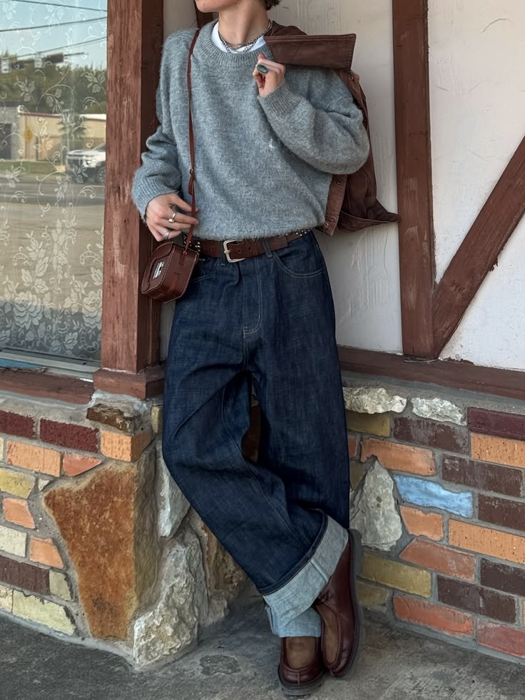 Grey sweater dress with denim jacket and sneakers — casual November outfit