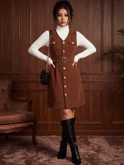 Ivory turtleneck with pinafore dress and knee-high boots — cozy November outfit idea