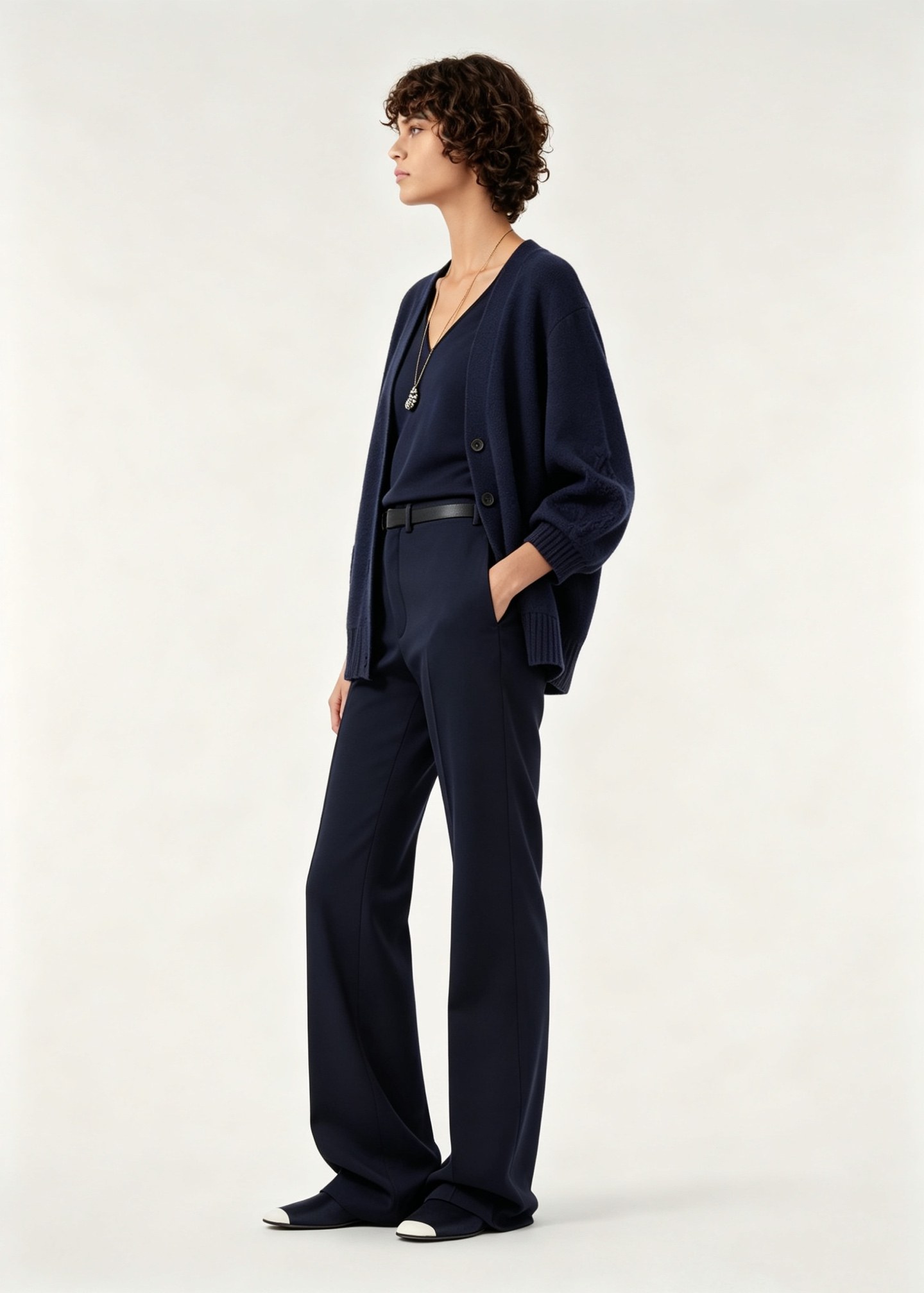 Navy wide-leg trousers with silk blouse and long cardigan — elegant fall outfit