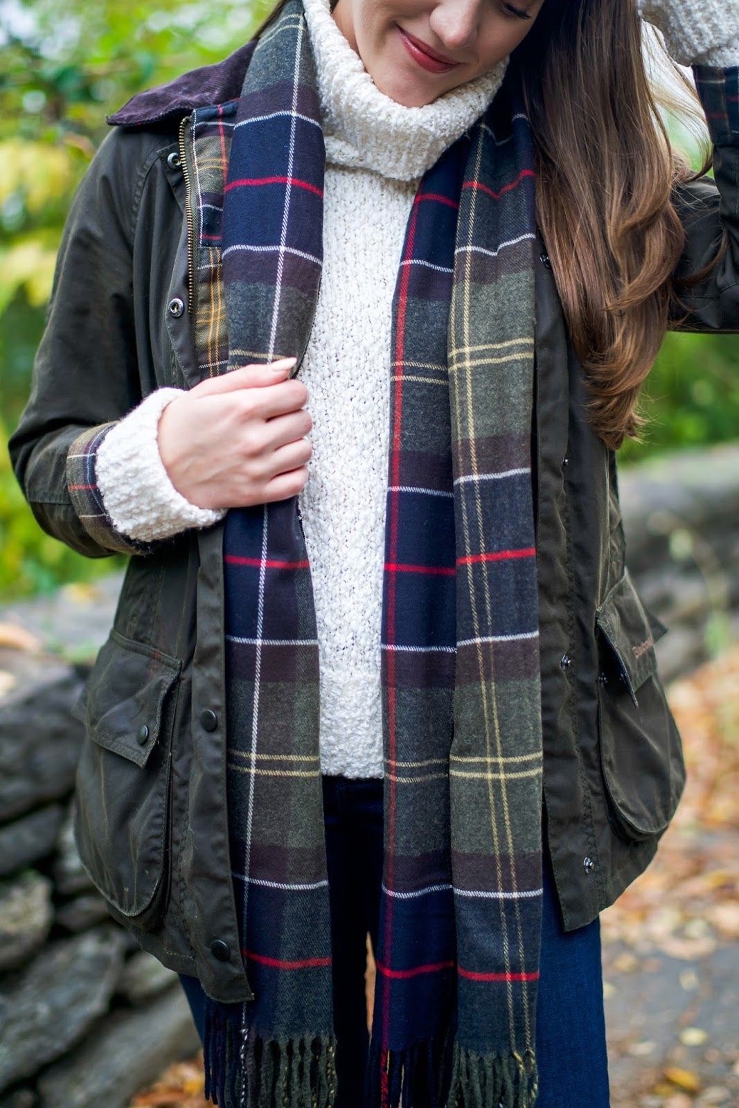 Plaid blanket scarf with olive jacket and black jeans — cozy November outfit