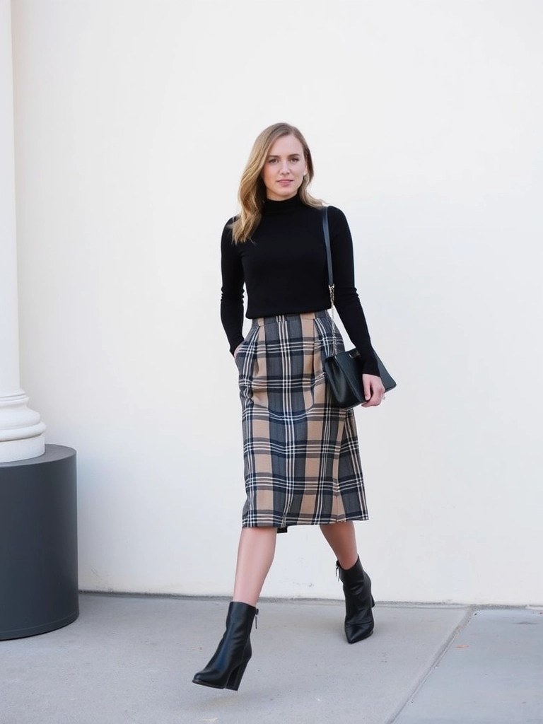 Plaid midi skirt with black turtleneck and tall boots — November outfit idea