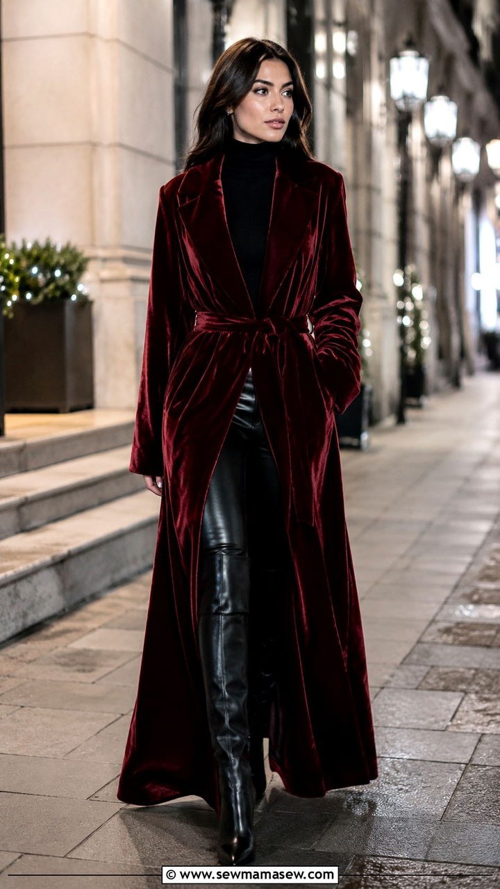 Velvet midi dress with long wool coat and tall boots — dressy November evening outfit