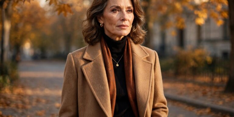 November outfits for women over 50 — elegant woman in a chic camel wool coat, fall fashion
