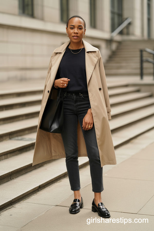 October outfit idea 14: classic trench coat grey knit dark jeans loafers on a woman over 50