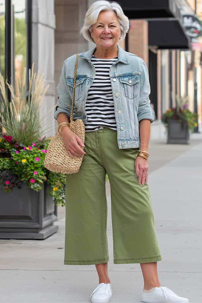 October outfit idea 2: denim shacket white tee olive wide leg trousers on a woman over 50