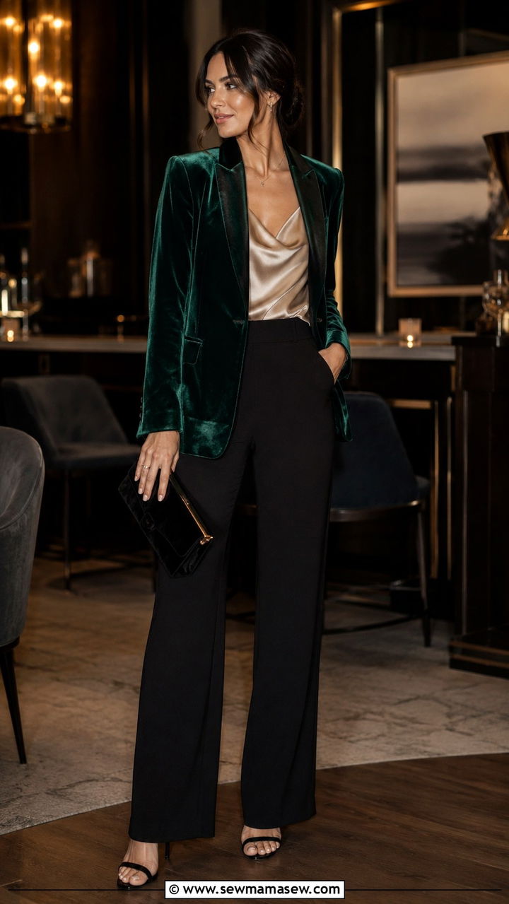 October outfit idea 23: velvet blazer silk cami dark trousers evening on a woman over 50