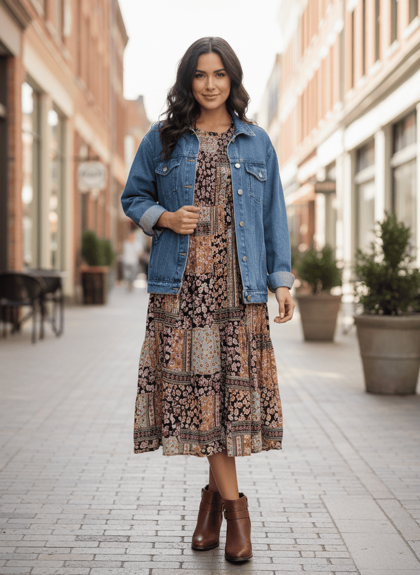 October outfit idea 3: floral midi dress denim jacket brown ankle boots on a woman over 50