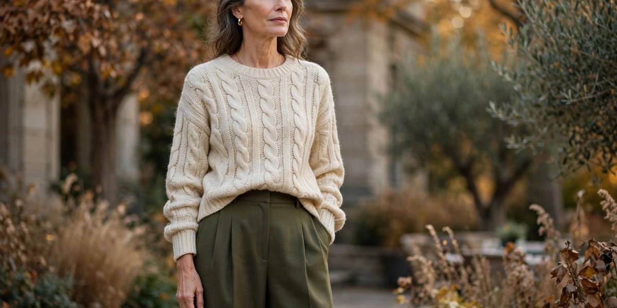 Elegant woman over 50 in olive wide-leg trousers and cream cable knit sweater, fall outfit
