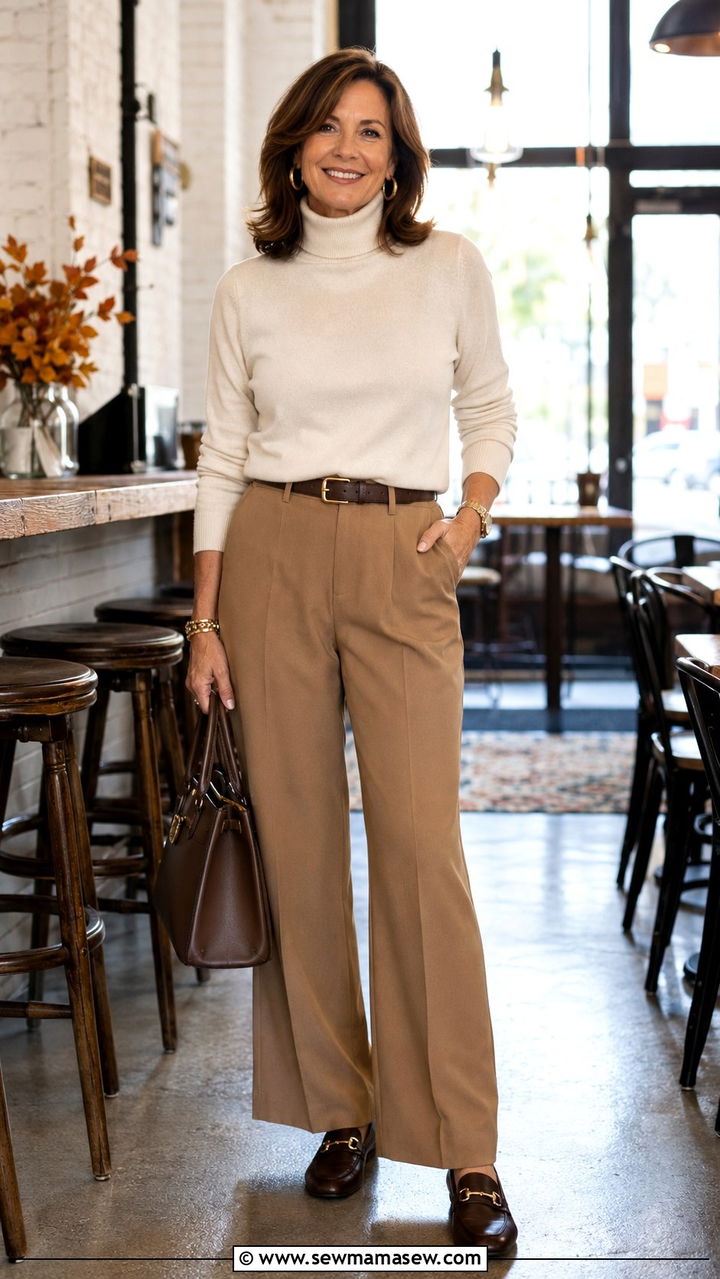 Olive wide-leg trousers with cream cable-knit sweater and tan loafers, fall outfit for women over 50