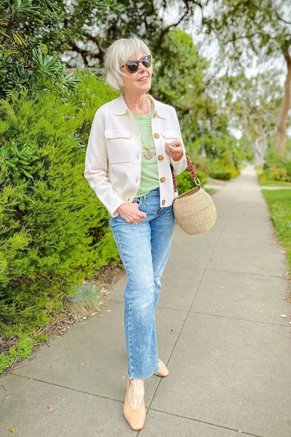 Olive shacket over cream tee with light wash jeans, easy weekend fall outfit