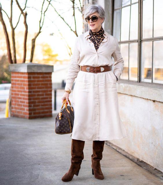 Olive shirt dress with leopard print scarf and chocolate ankle boots, fall outfit