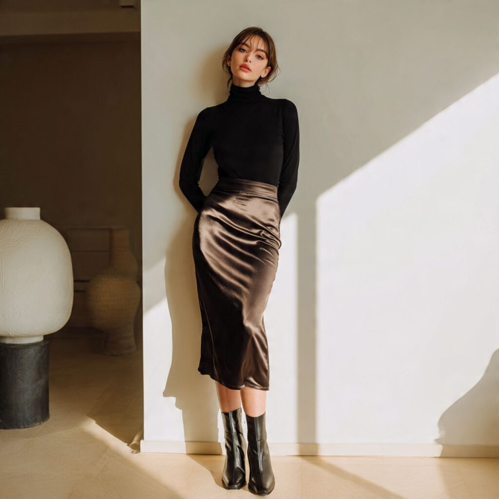 Olive satin midi skirt with black turtleneck and black knee boots, evening outfit