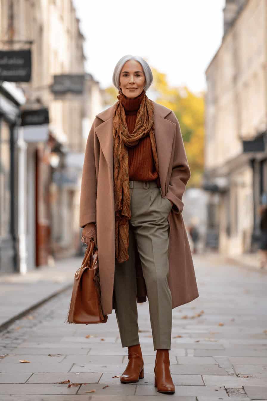 Olive trousers with long camel coat and chocolate turtleneck, chic fall outfit