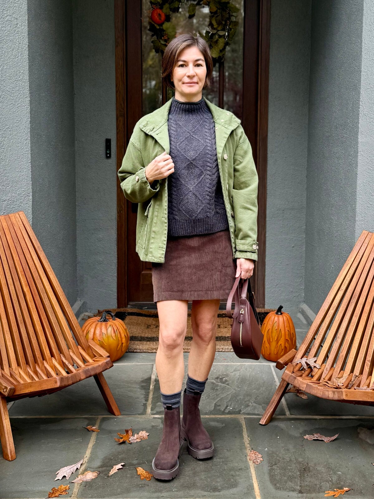 Olive ribbed knit midi dress with brown suede jacket and tall boots, fall outfit
