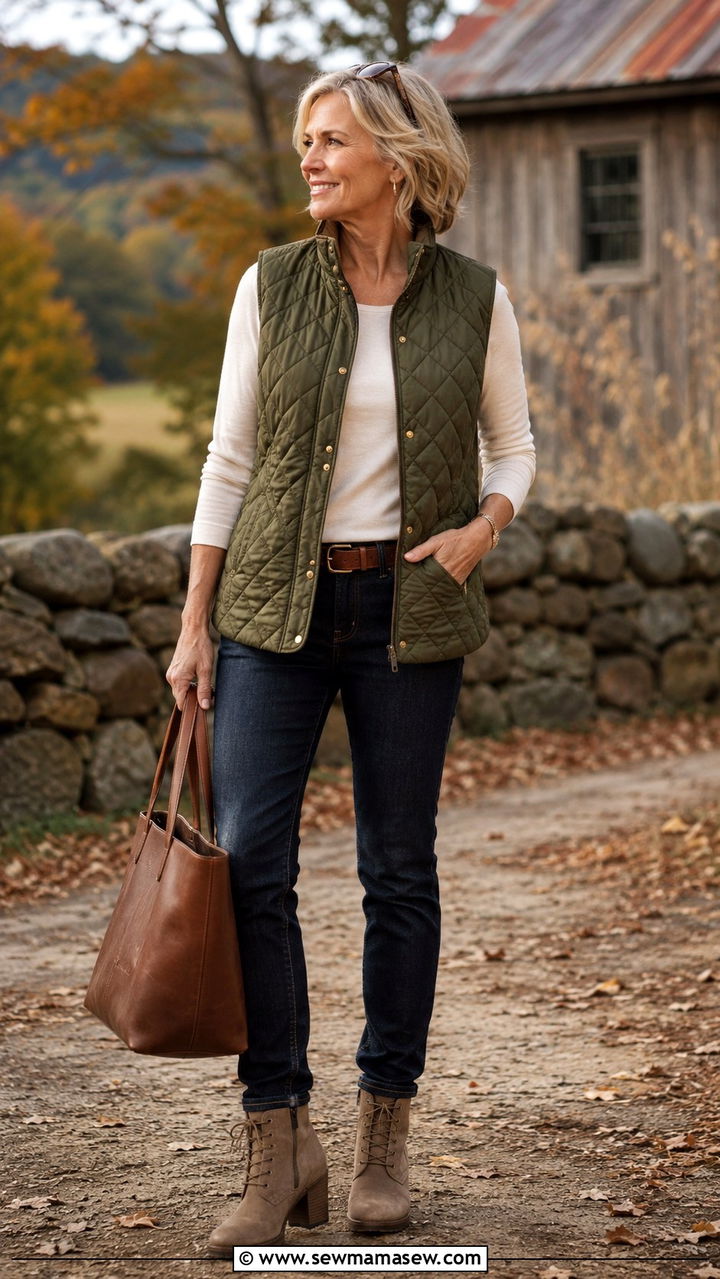 Olive quilted vest over a striped tee with dark jeans and loafers — fall vest outfit for women over 50