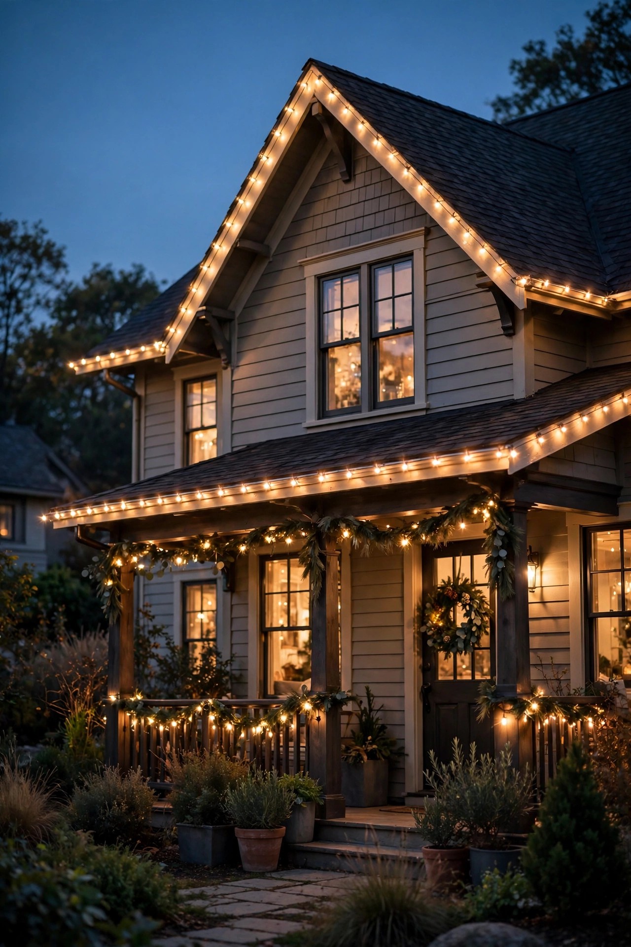 House with warm white Christmas roofline lights glowing at dusk