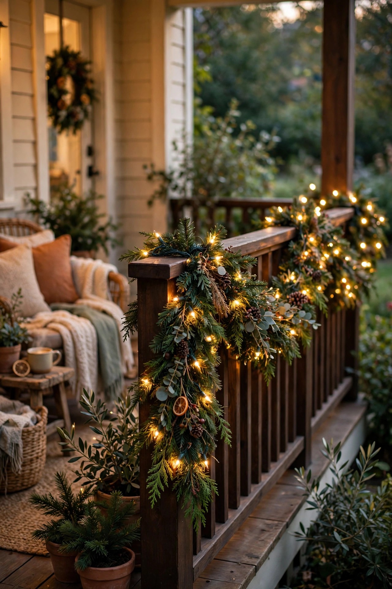 Porch railing decorated with lit Christmas garland