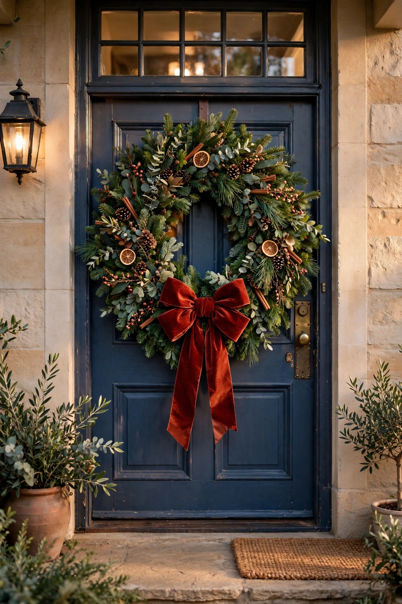 Oversized Christmas wreath on a front door with bow