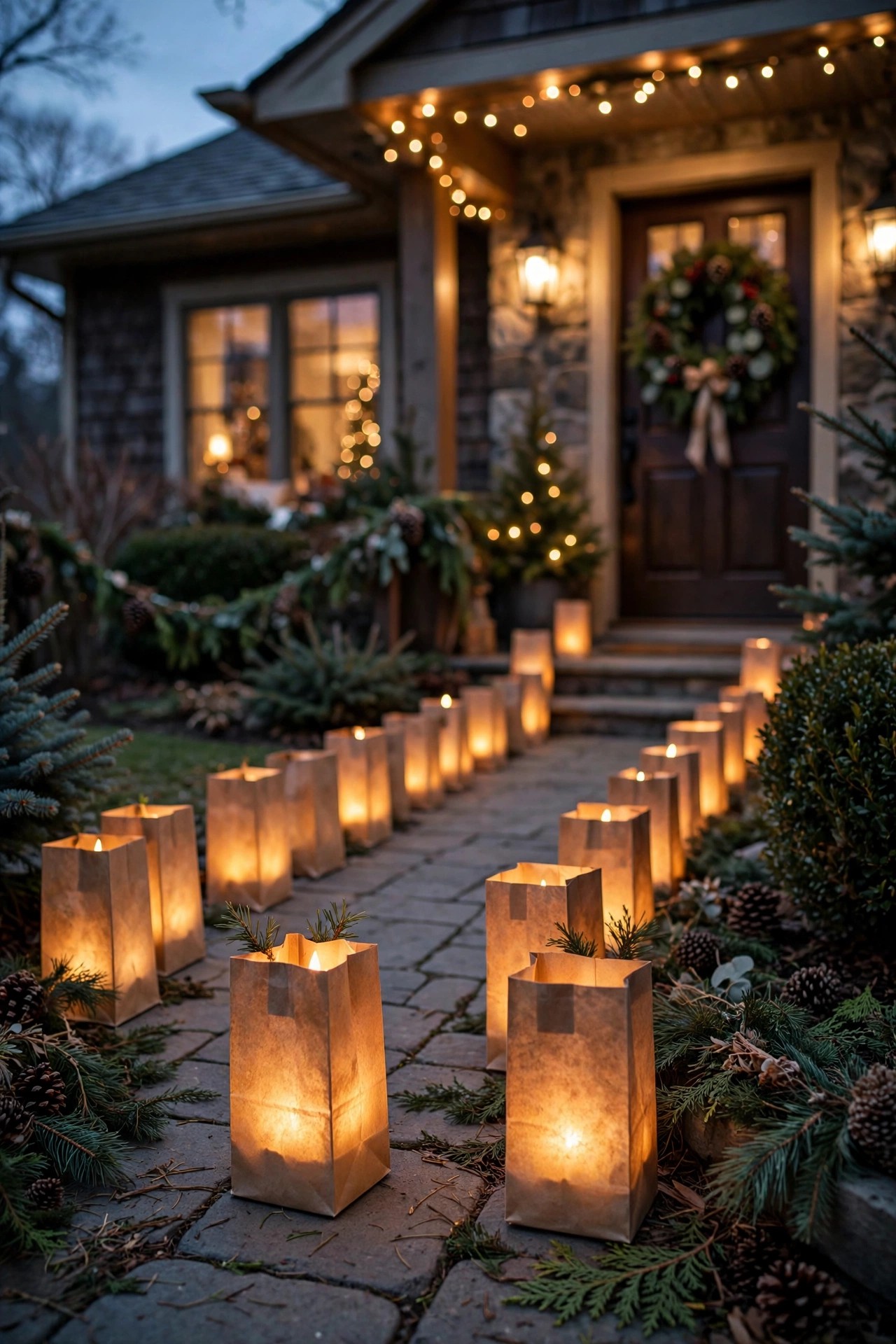 Paper bag luminaries lining a snowy walkway at Christmas