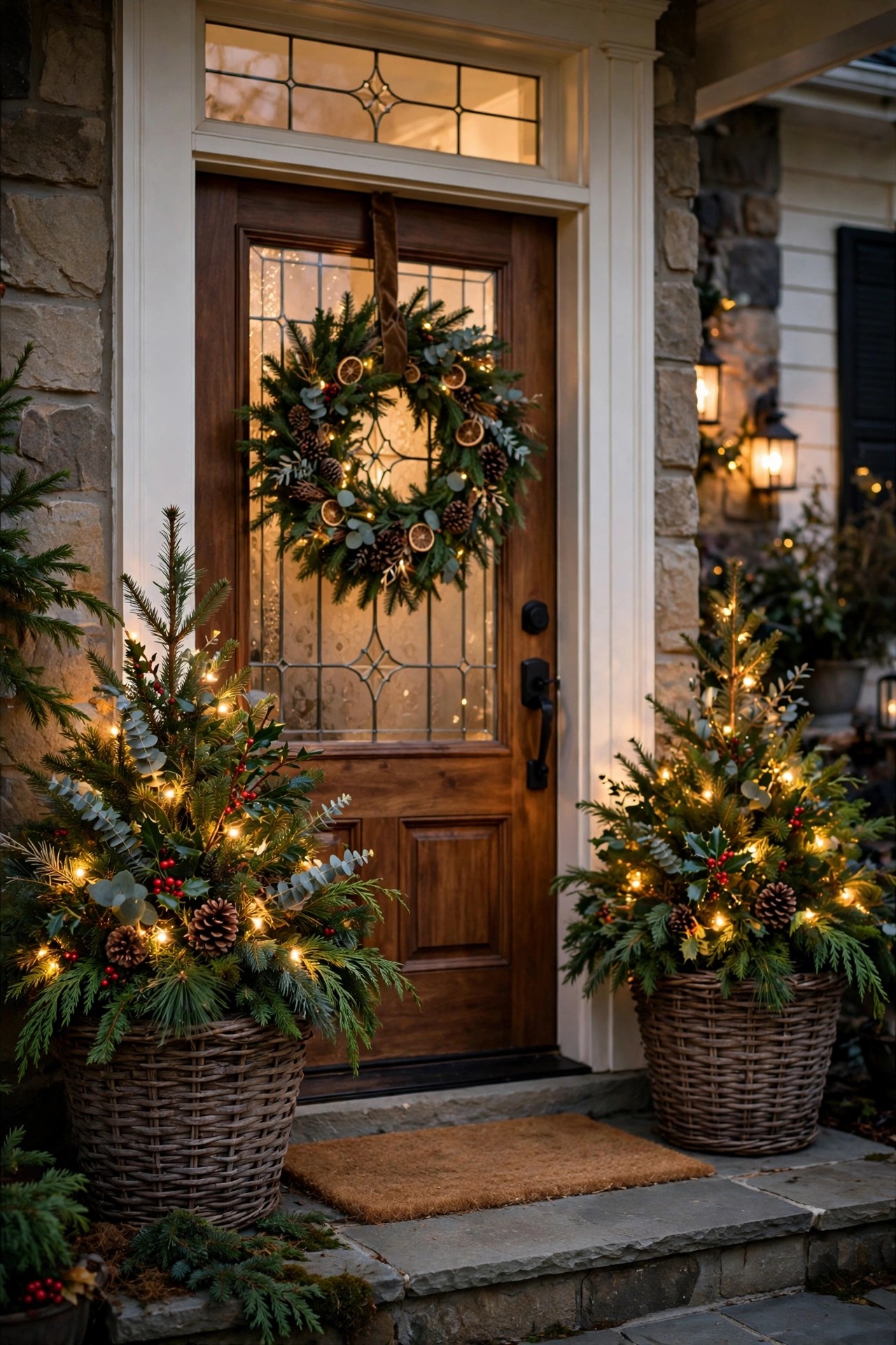 Lighted Christmas planters flanking a front door