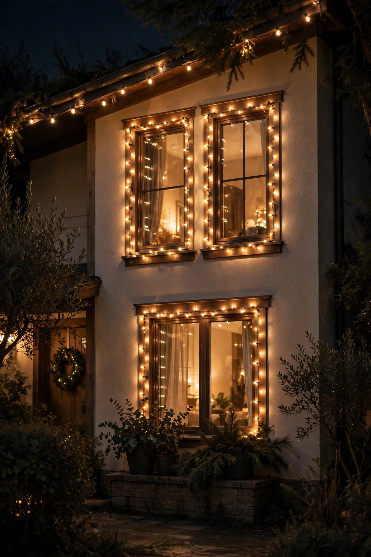 House windows outlined with Christmas lights at night