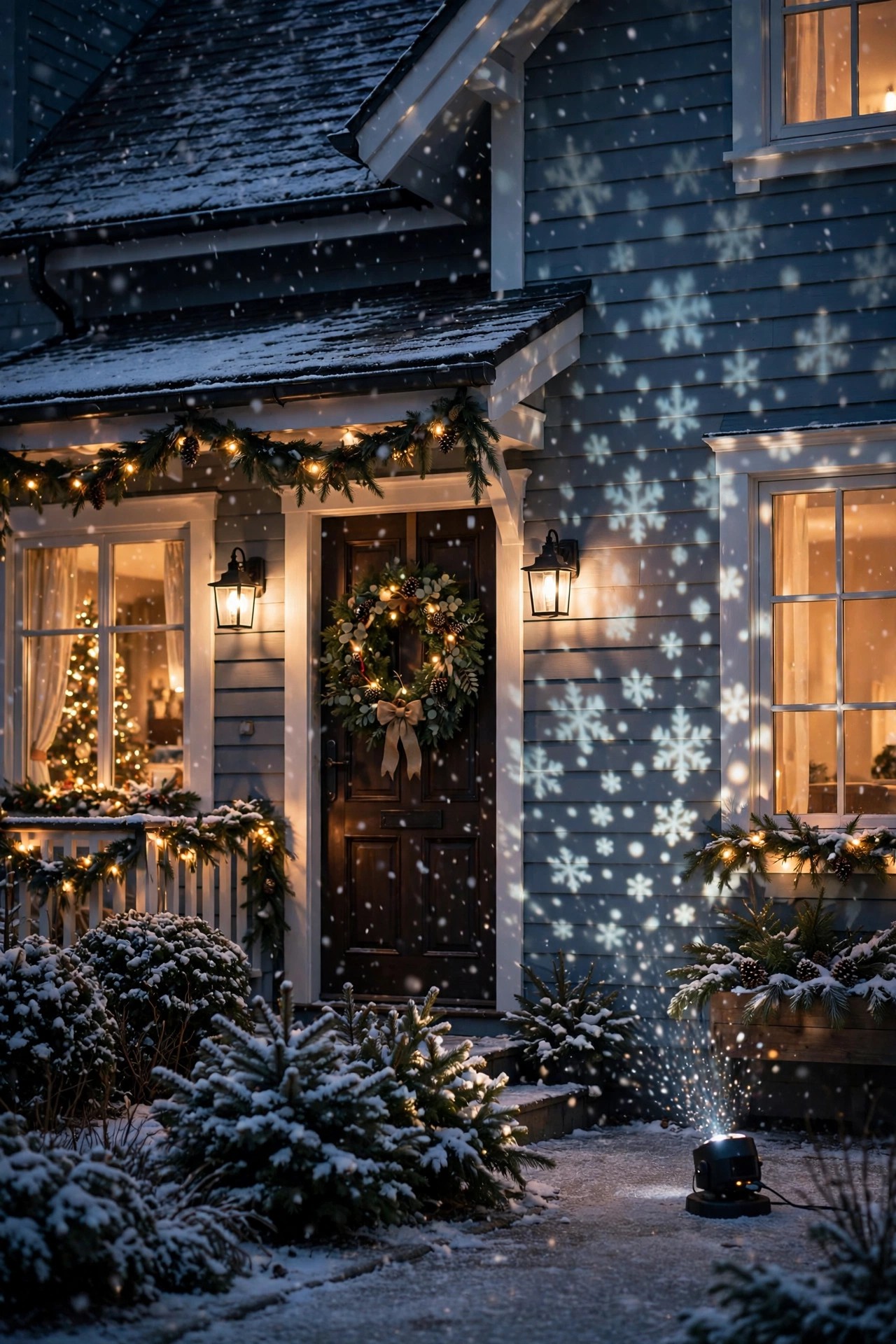 Snowfall projector light on house exterior at Christmas