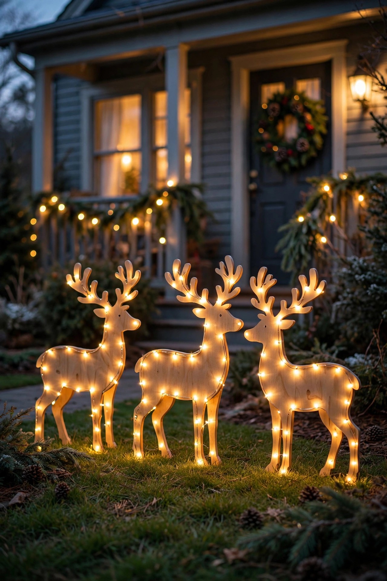 Wooden reindeer silhouettes with lights on a front lawn at Christmas