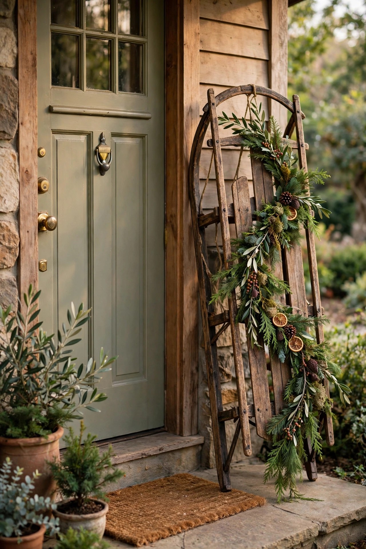 Vintage wooden sled decorated with greenery by a front door