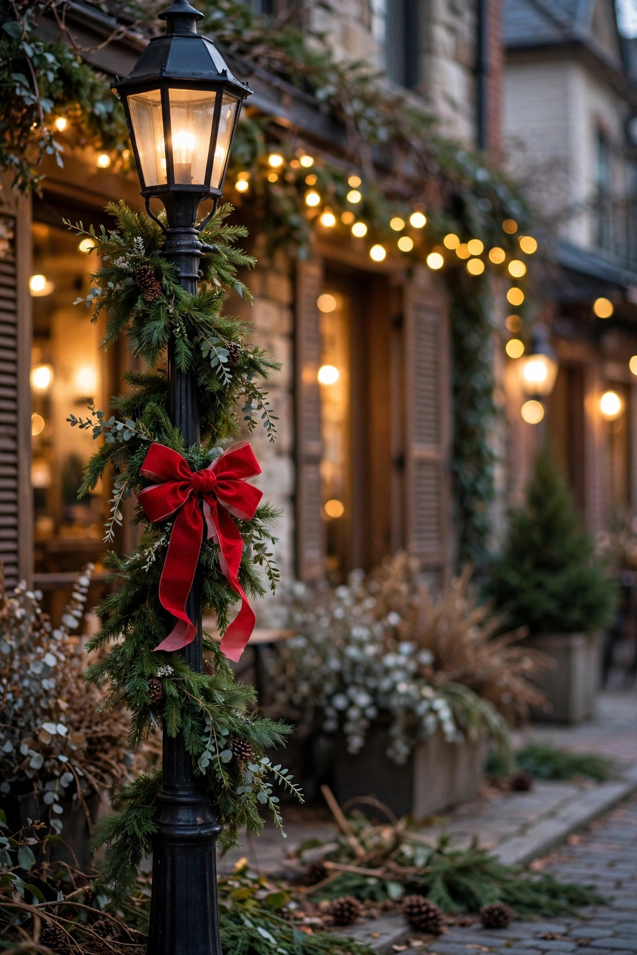 Lamp post wrapped with Christmas garland and red bow