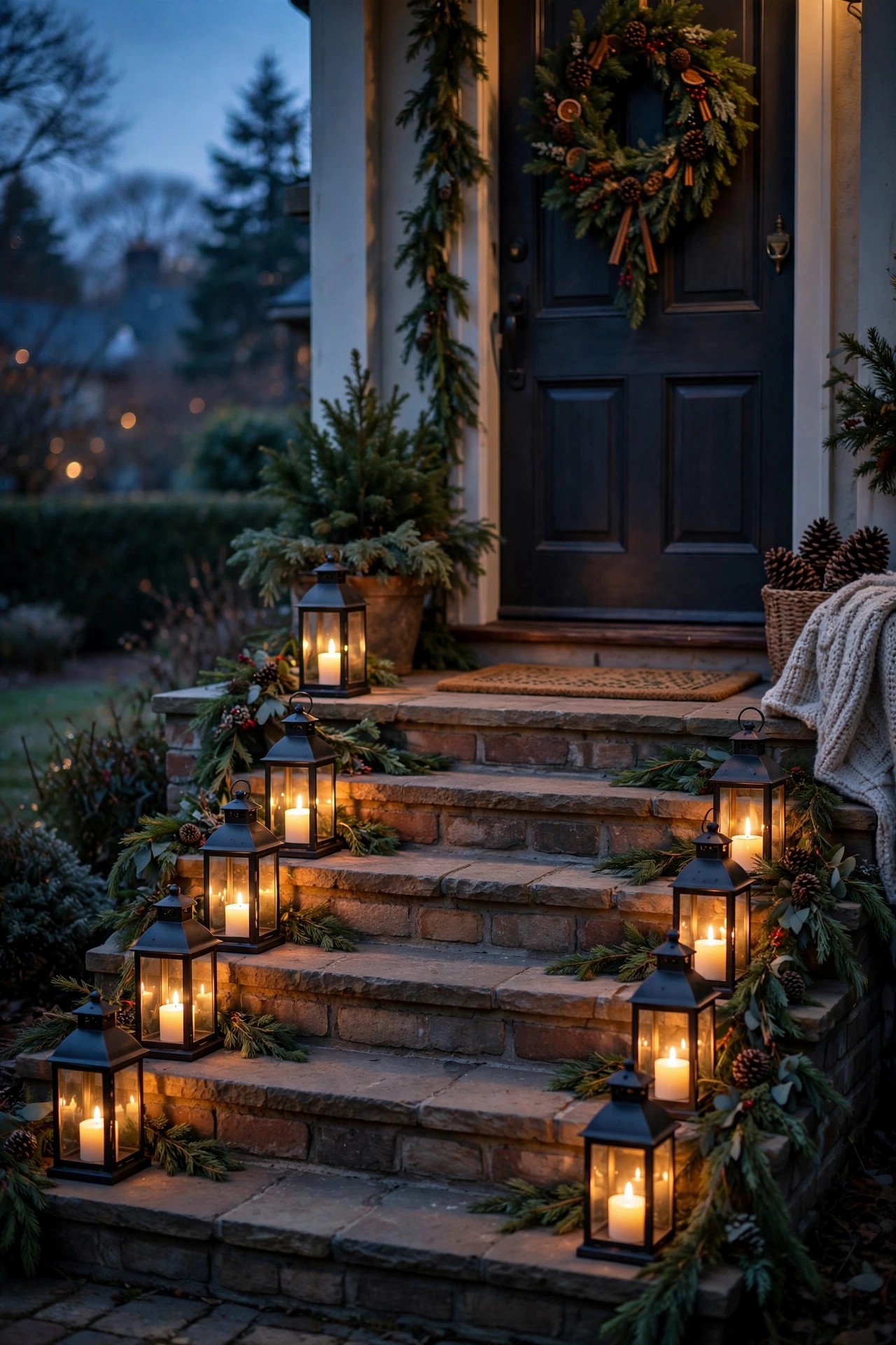 Lanterns with candles lining front steps at Christmas