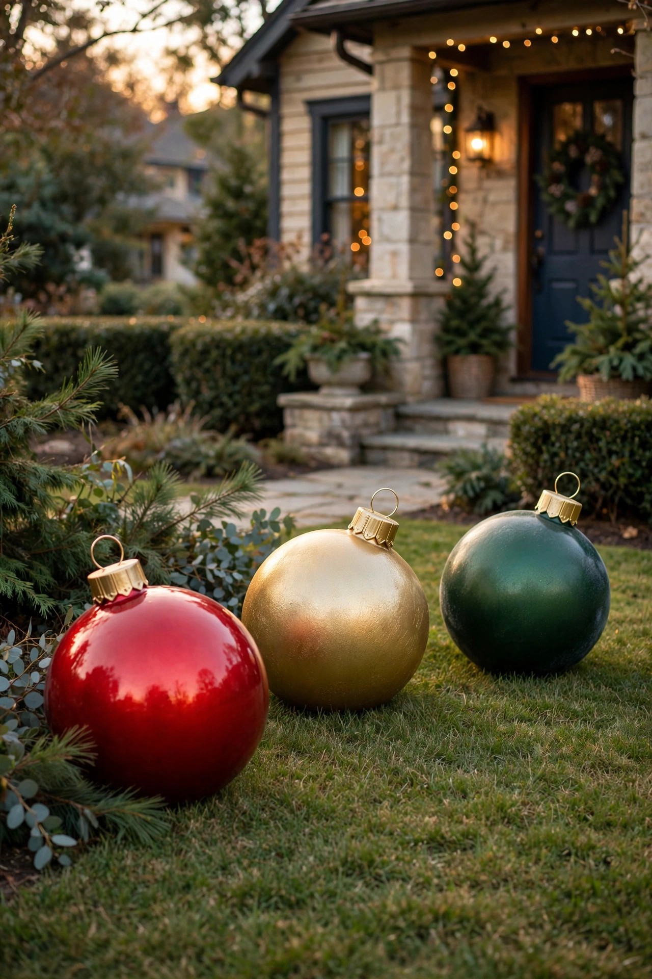 Giant Christmas ornaments displayed on a front lawn