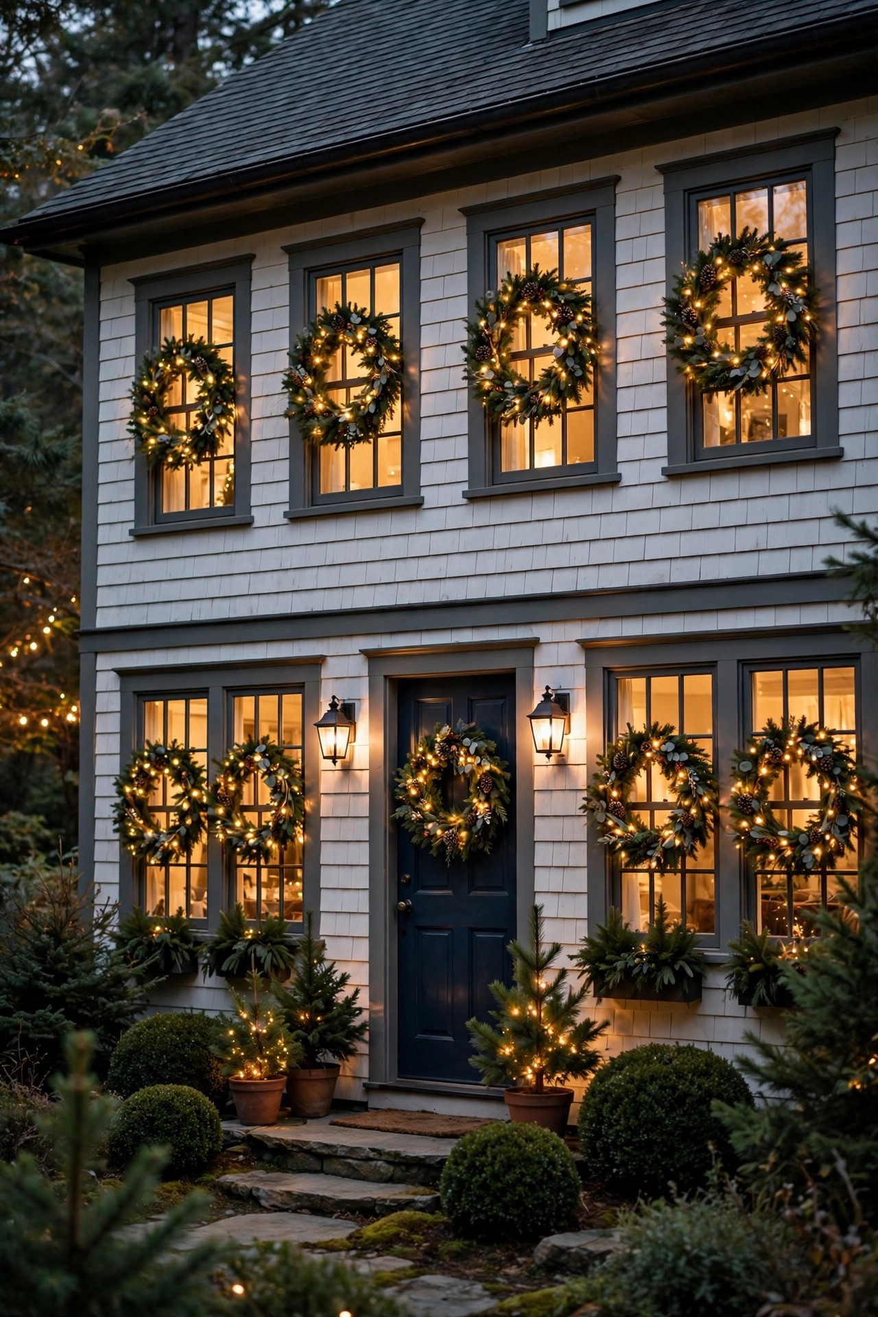 Every window of a house decorated with lit Christmas wreaths