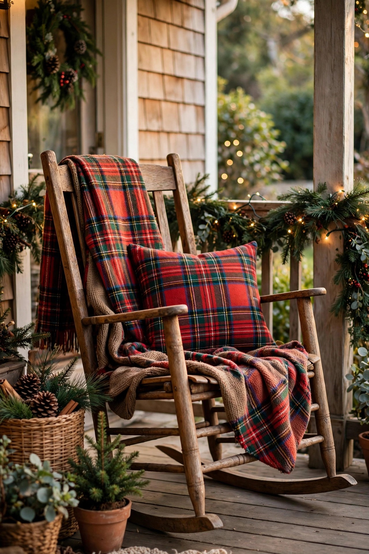 Porch rocking chair with plaid throw and pillow for Christmas
