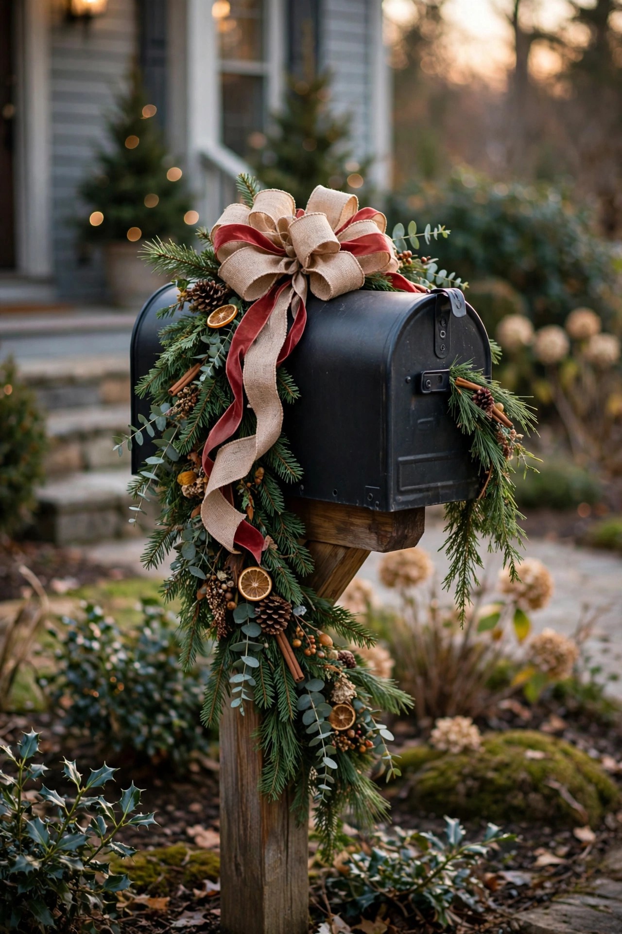Mailbox decorated with Christmas garland swag and bow