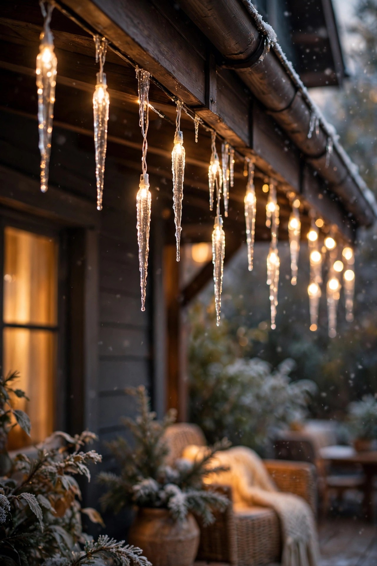 Icicle Christmas lights hanging under house eaves