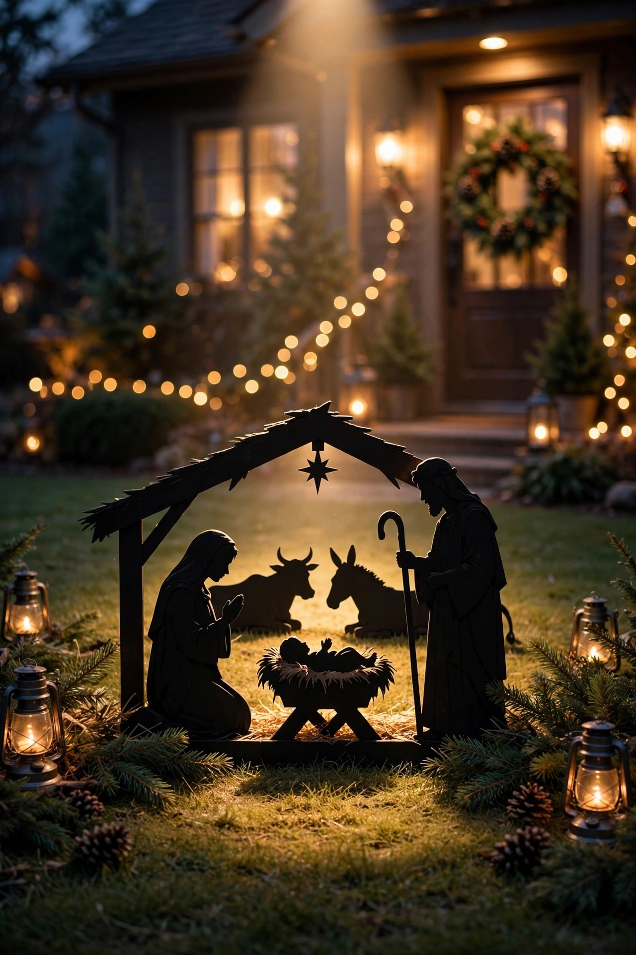 Nativity silhouette scene with lights on a lawn at Christmas