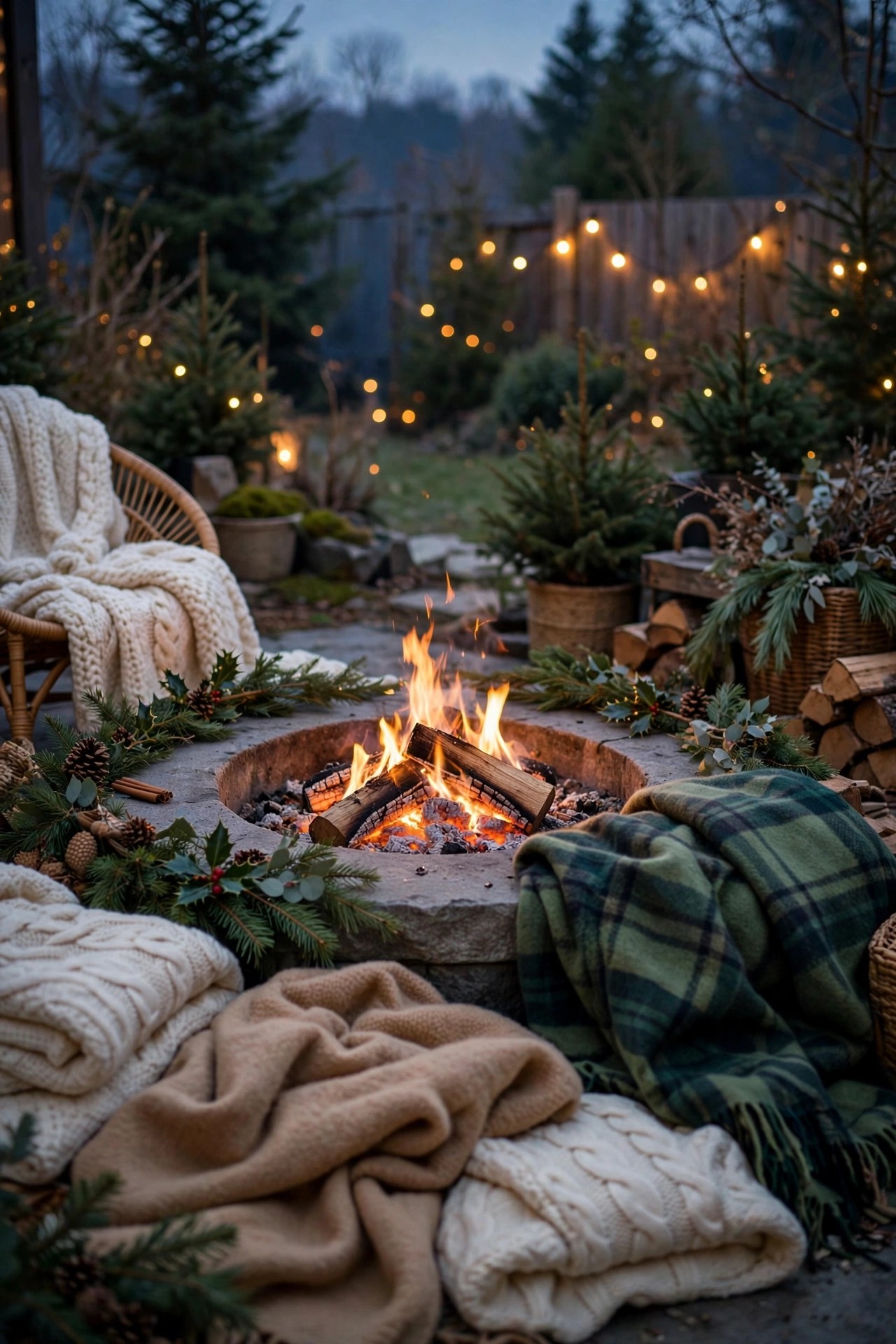 Outdoor fire pit with blankets set up for Christmas evenings