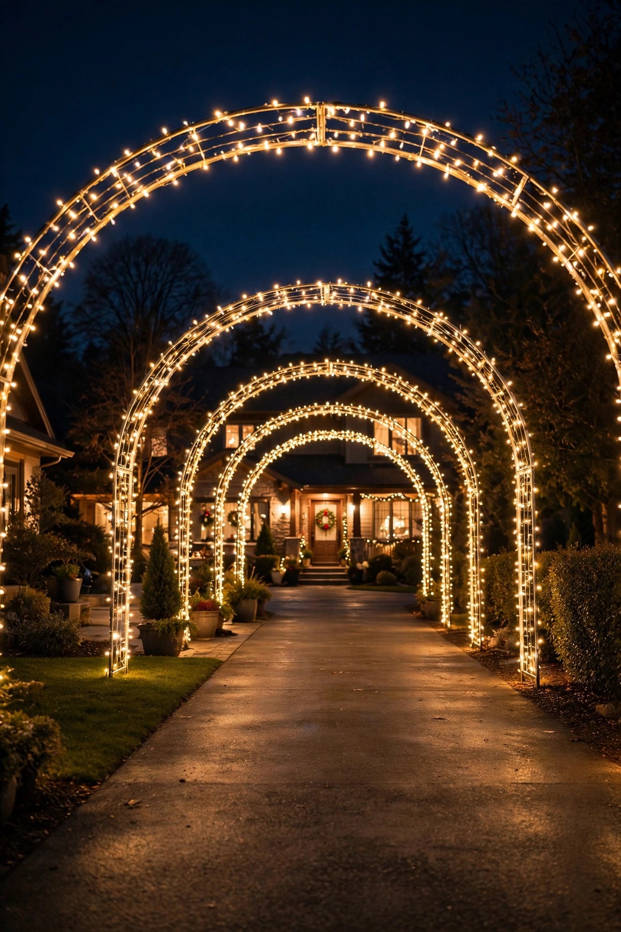 Driveway lined with Christmas light arches at night