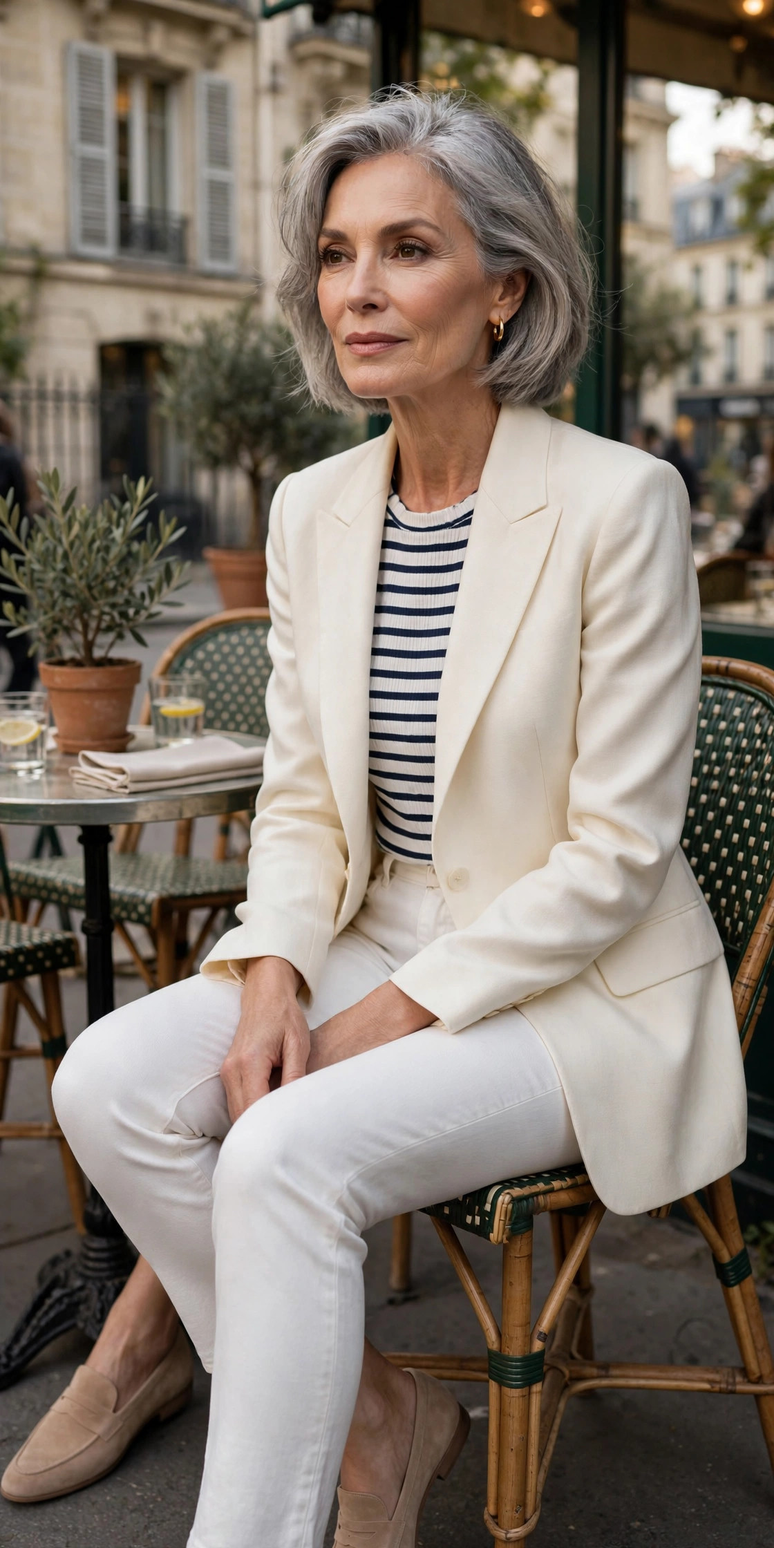 Woman in her 60s in an ivory blazer with a Breton stripe top and white jeans at a Parisian cafe