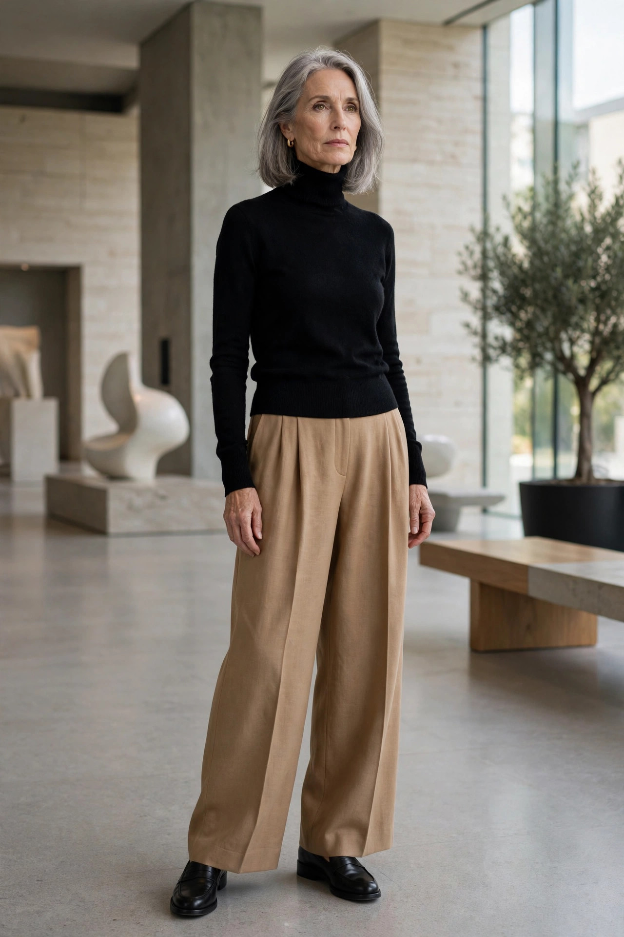 Woman in her 60s wearing a black turtleneck with camel wide-leg trousers in a museum lobby
