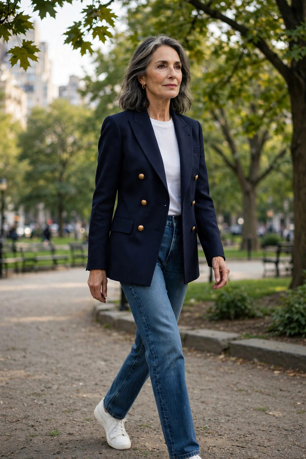 Woman in her 60s wearing a navy blazer with a white t-shirt and straight-leg jeans in a park