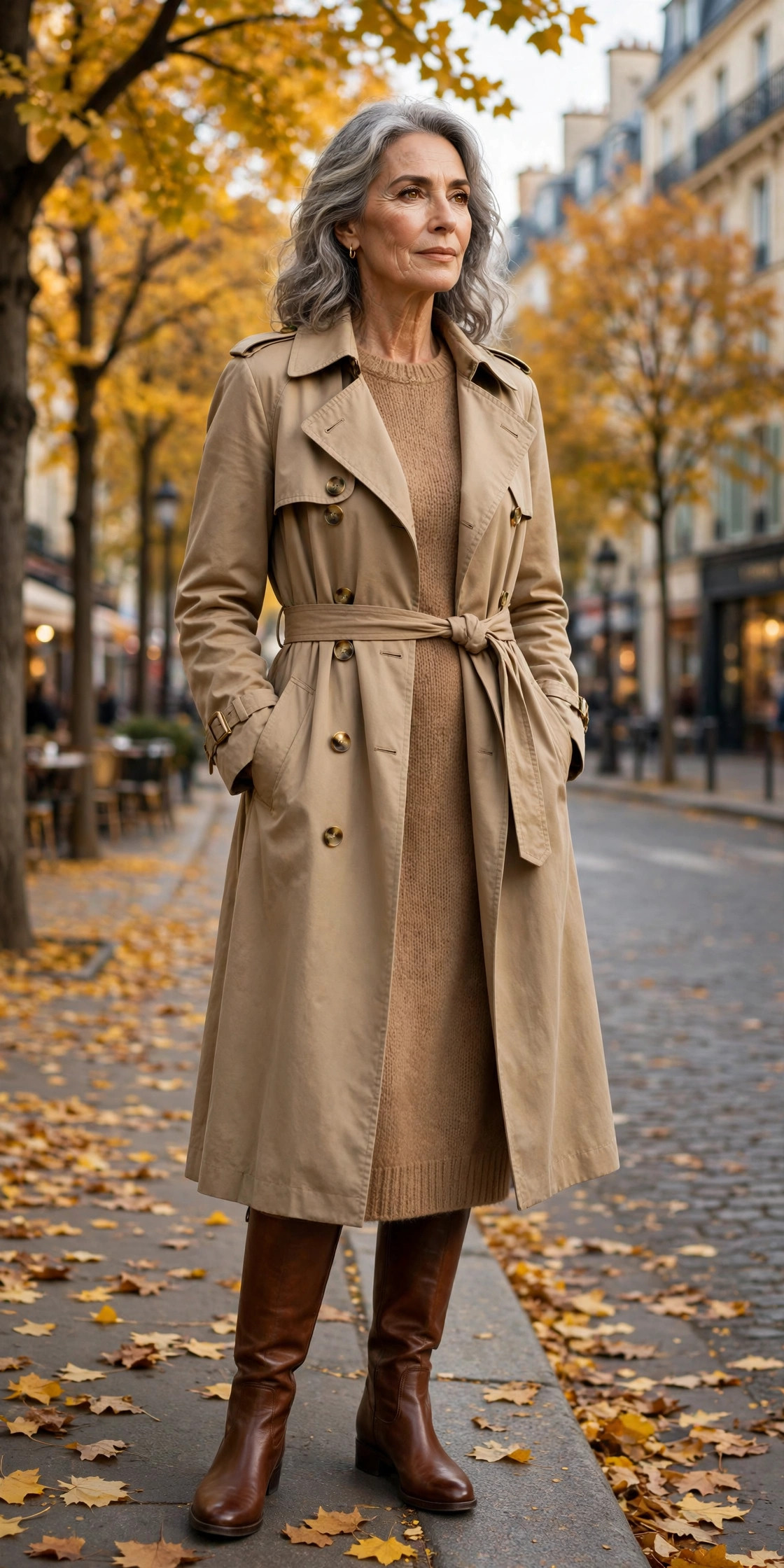 Woman in her 60s in a tan trench coat over a camel knit dress with knee-high boots