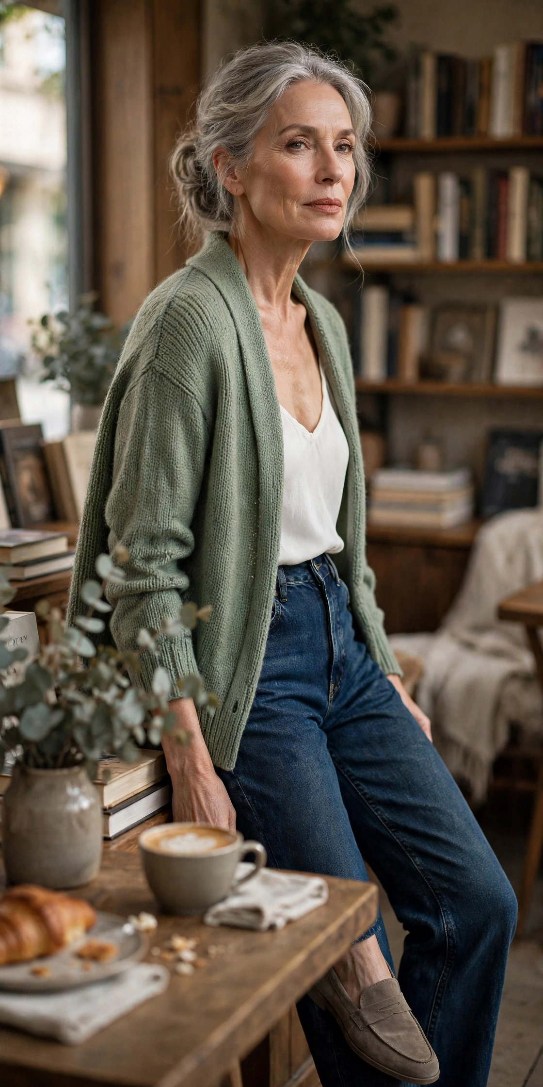 Woman in her 60s wearing a sage cardigan over a white top with dark-wash jeans